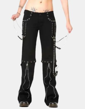 Women,s Gothic Bondage Trouser Zip Detachable Shorts Silver Chains Trouser