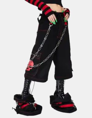 Women Skull Zip Off Pants Black Red3