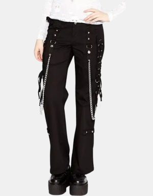Women Gothic Rave Black Chain Rock Star Straps Metal Punk Show Pants
