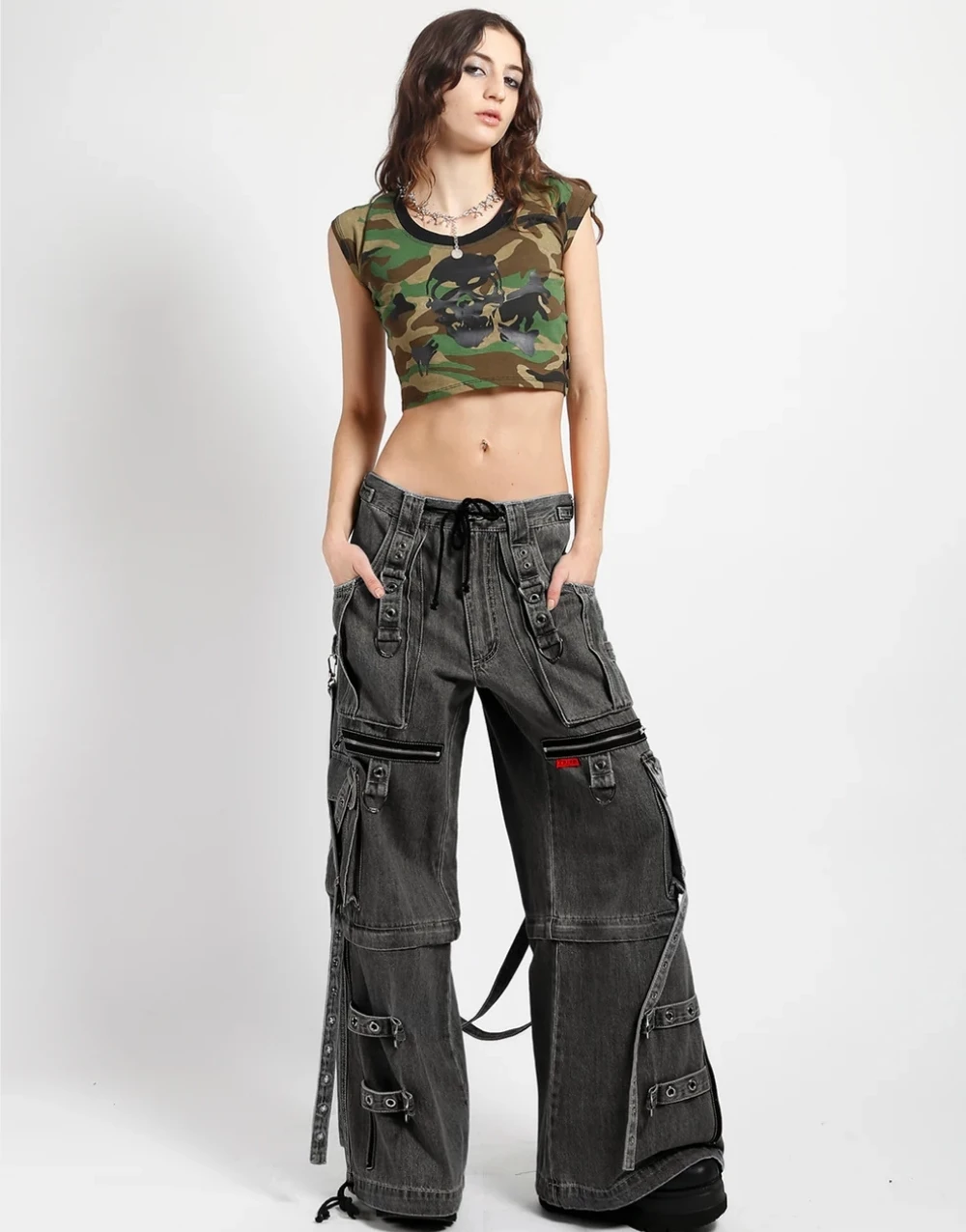 Ladies Convertible Black Denim X-Strap Utility Pants4