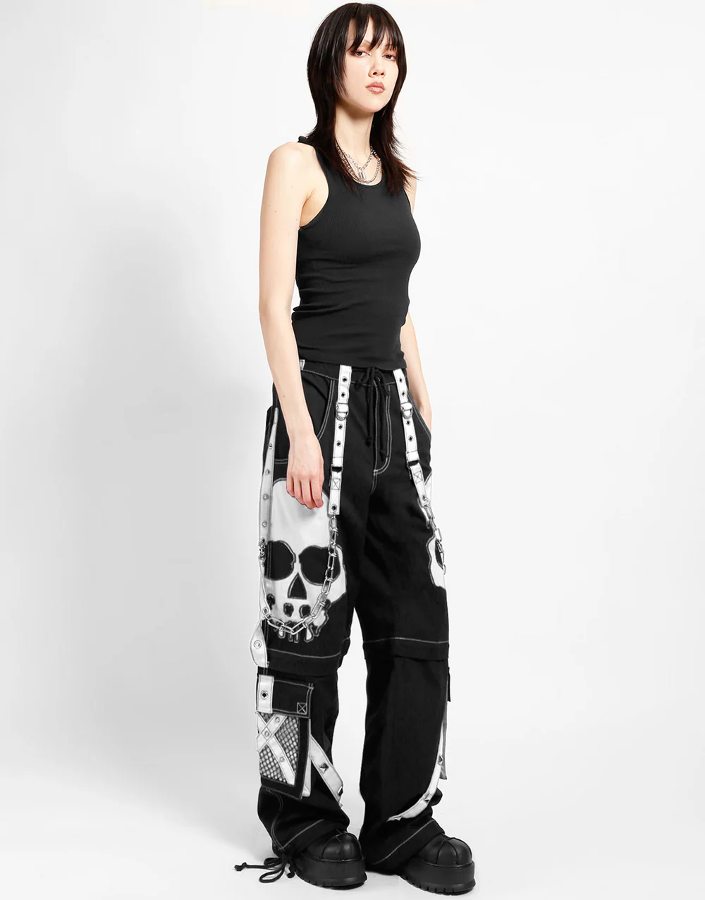 Gothic White Skull Print Ladies Dark Street Scare Pant - Image 4