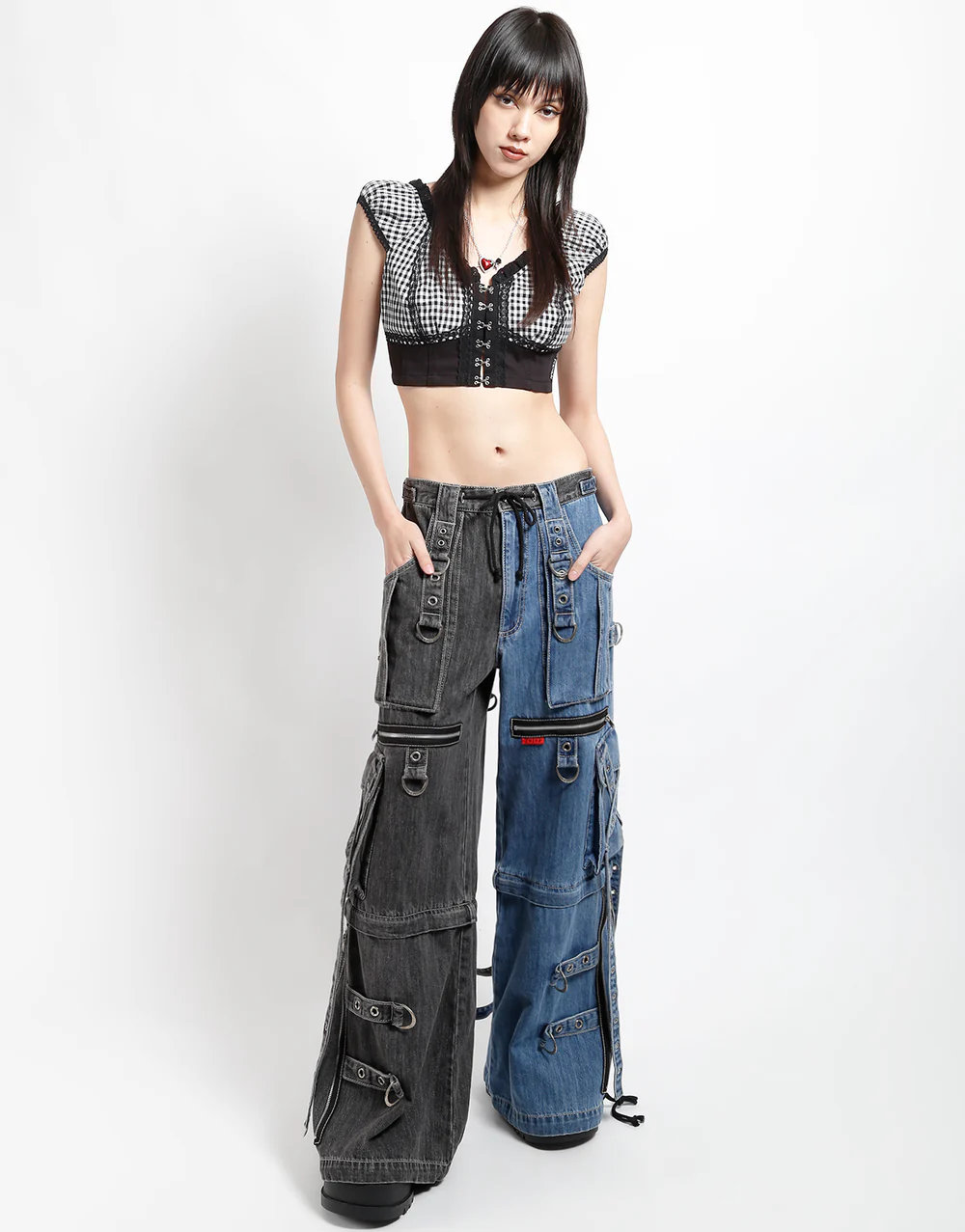 Ladies Black & Blue Denim X-Strap Split Colored Pant - Image 4